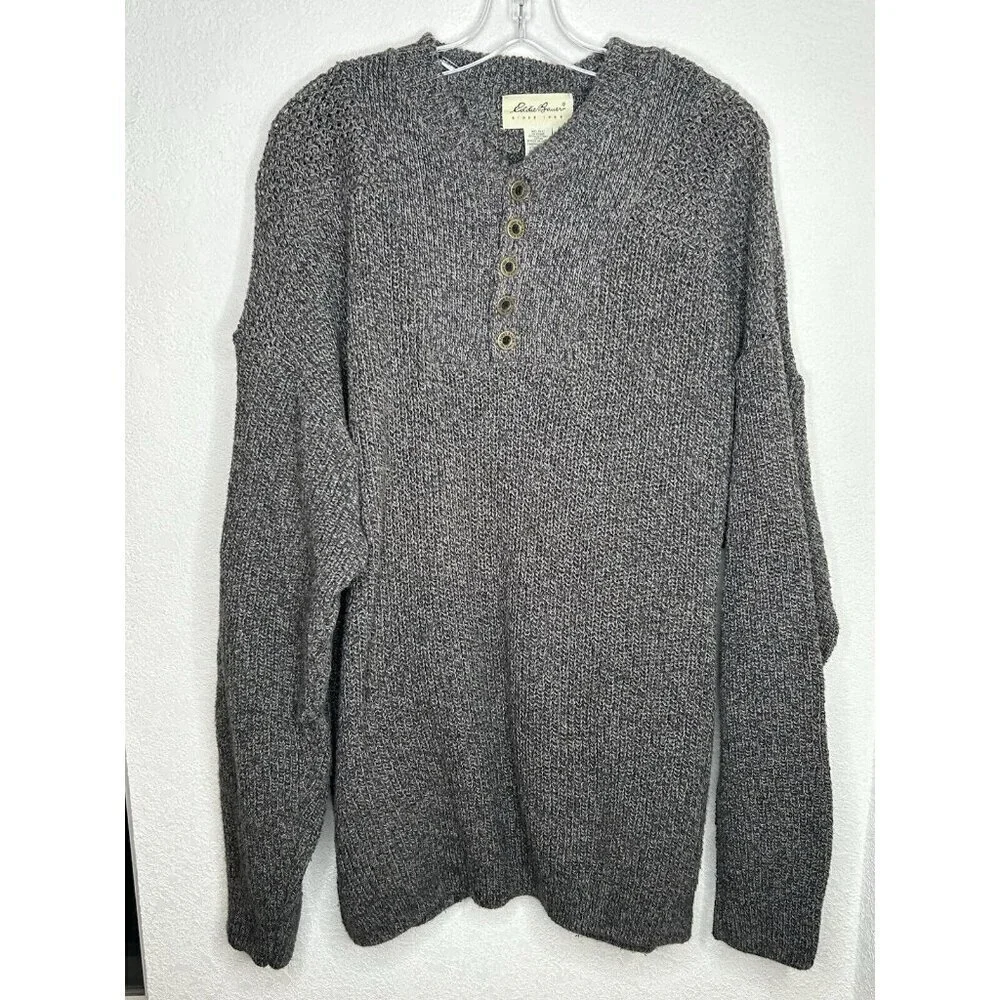 Eddie Bauer Sweater Mens Extra Large Gray Chunky Cable Knit Fisherman Henley XL - Picture 2 of 11